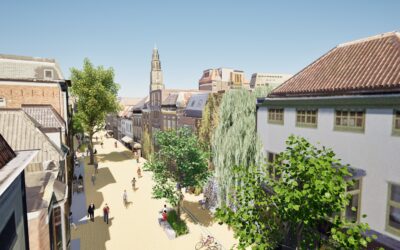 Eerste schetsen Gelkingestraat en Oosterstraat: gele steentjes, groen en water